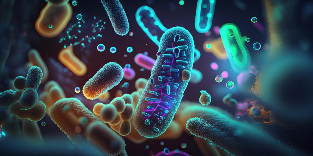 Colorful 3D micro scene with rod-shaped bacteria and spherical particles glowing in neon blues, purples, and oranges.