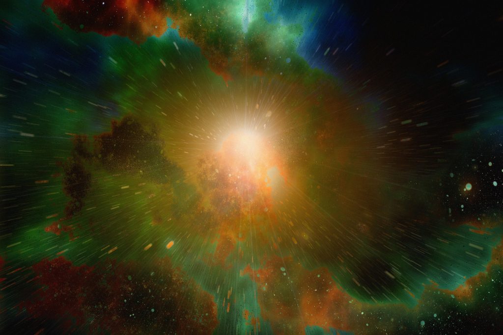 Bright cosmic explosion at the center with an orange-yellow glow and green-blue nebula radiating outward.