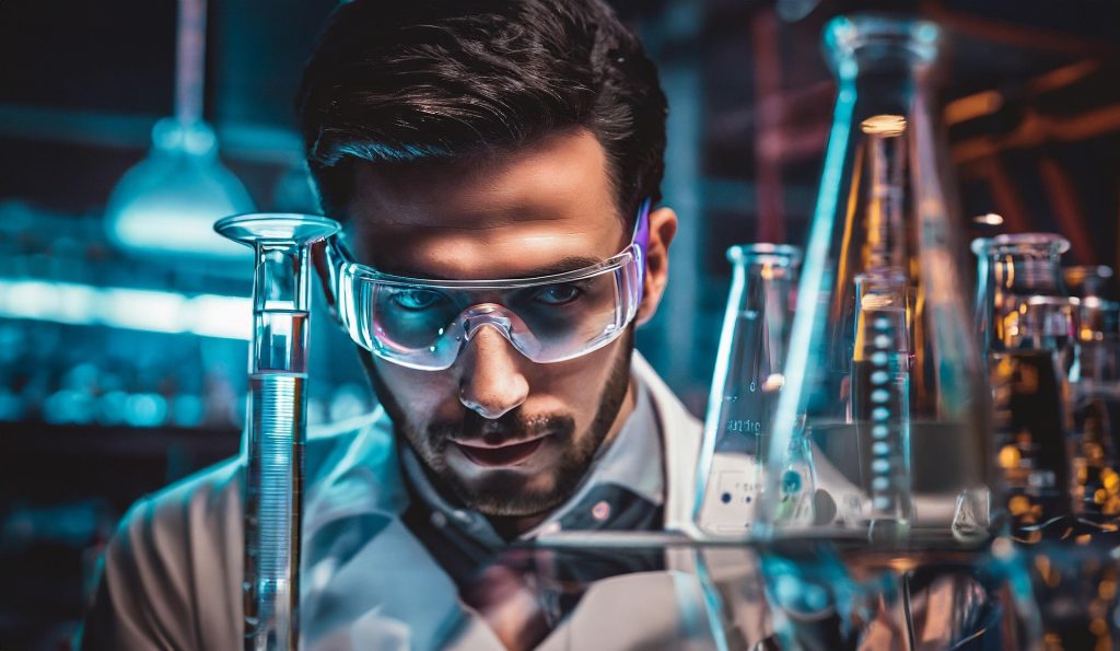Male scientist wearing safety goggles examines glass labware in a chemistry lab with blue lighting at night.