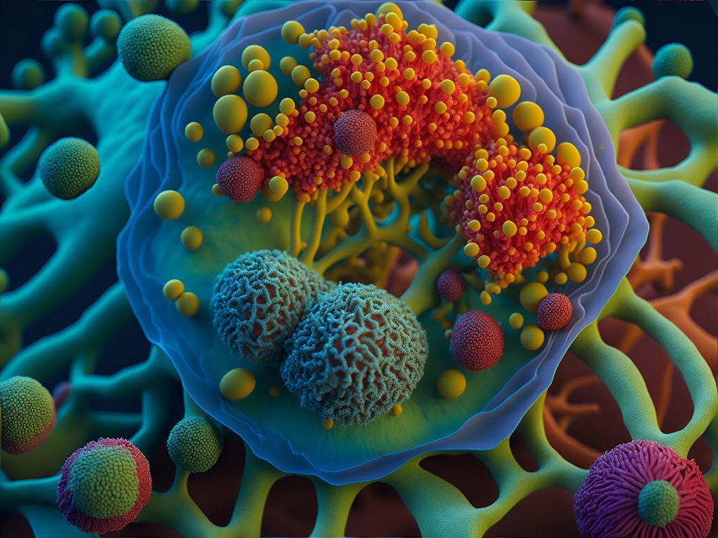 Detailed 3D illustration of a cell with a blue membrane and red-yellow particles inside, representing intracellular activity.