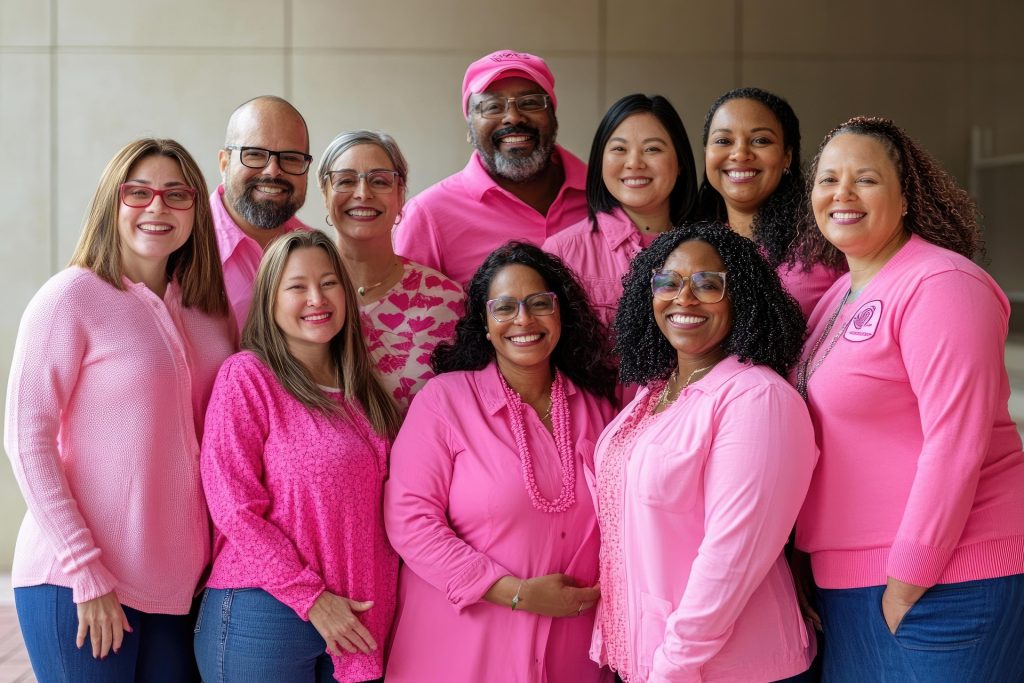 Group of ten diverse coworkers in pink clothing smiling for a team photo indoors.