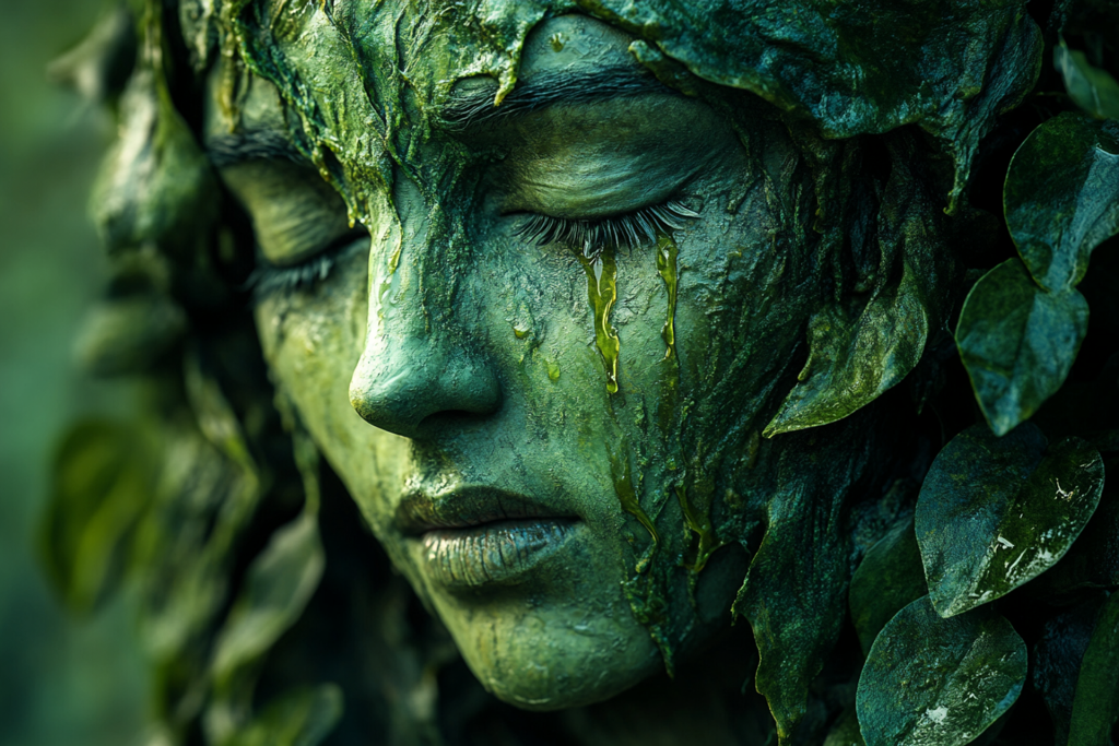 Close-up of a human face covered in green moss and leaves, with sap-like tears trailing down the cheek.